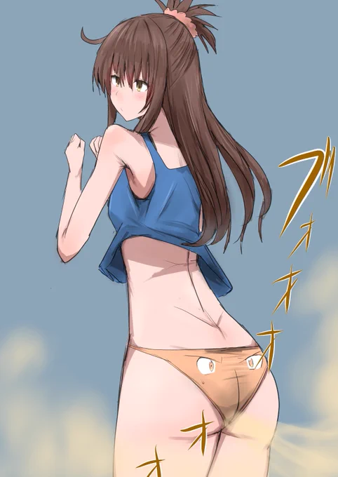 お題のパンツになっているリトを履いているのに気付かず大きなおならをする結城美柑ちゃんです。