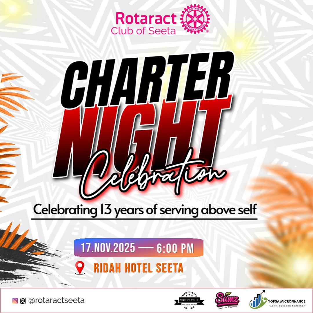 Celebrating a decade and a half of service! The Rotaract Club of Seeta's Charter Night Celebration is just around the corner. Mark your calendars for November 17, 2025, and join us at Ridah Hotel Seeta at 6:00 PM. Let's make some memories! #CharterNight #TheCEOs