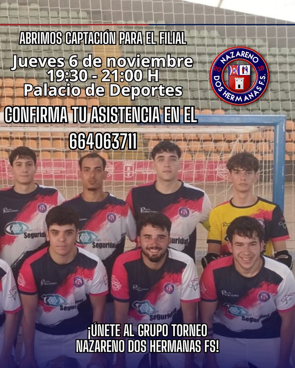 ⚽️ ¡Captaciones para el filial masculino! 

🆕 Mañana jueves 6 de noviembre, te esperamos en el Palacio de los Deportes (Velódromo) para jugar en el GT Nazareno Dos Hermanas

🕢 Desde las 19:30 hasta las 21:00

📲 Escríbenos al 664 063 711 y cierra tu prueba 

¡Únete al club! 💪