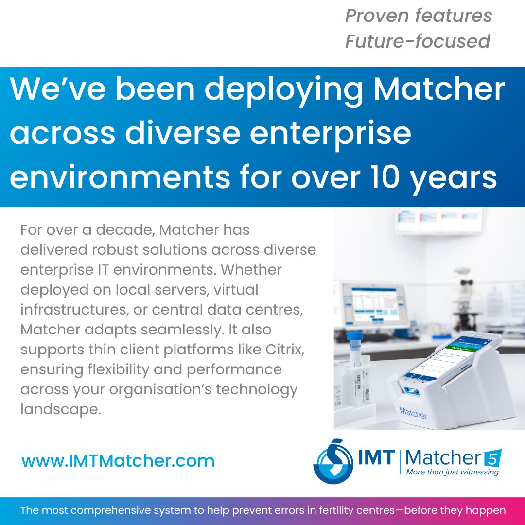 IMT_Matcher's tweet image. Leading the way for 10 years.

Matcher has been trusted by fertility centres worldwide to deliver robust, flexible IT solutions.

✅ Proven innovation.
✅ Experience you can rely on.
👉 Learn more: IMTMatcher.com
#ElectronicWitnessing #IMTMatcher #ITInnovation