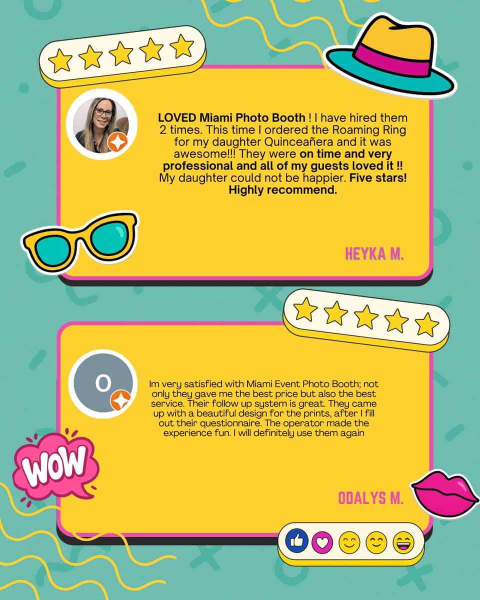 PhotoboothMIA's tweet image. ⭐️⭐️⭐️⭐️⭐️ When our guests say “Five stars!” — our hearts do a little happy dance! 💃
Thank you Heyka &amp;amp; Odalys for the love and trust 💛
We’re so happy your events were unforgettable! 🥳
#MiamiEventPhotoBooth #HappyClients #PhotoBoothFun #EventVibes