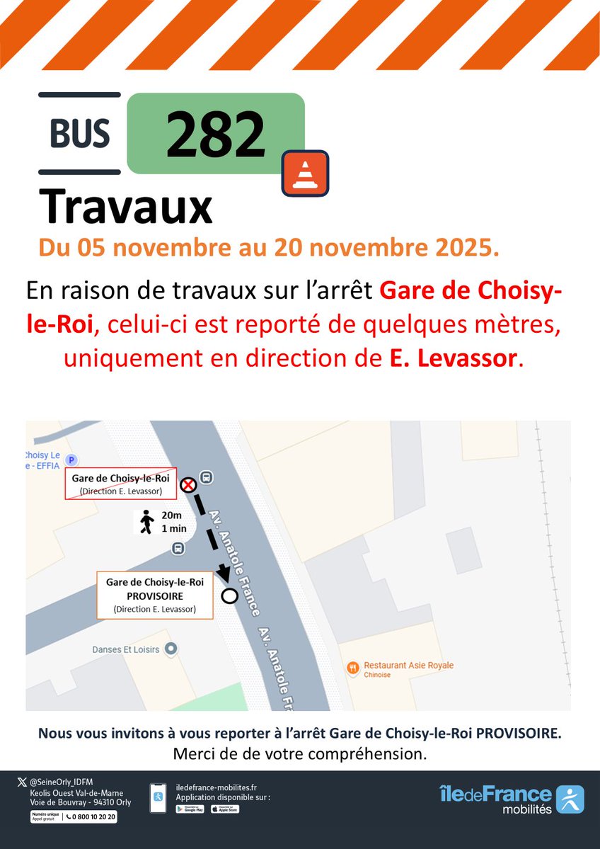 SeineOrly_IDFM's tweet image. #InfoTrafic #Bus282
🚧 En raison de travaux au niveau de l&apos;arrêt Gare de Choisy-le-Roi, ce dernier est reporté de quelques mètres, uniquement en direction de E. Levassor.

📅 Du mercredi 05 au jeudi 20 novembre 2025.

⤵️Les détails ci-dessous.

Merci de votre compréhension🙏