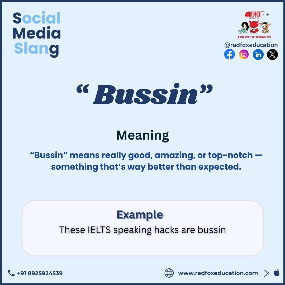 RedFox_EdTech's tweet image. 🔥 Social Media Slang of the Day: “Bussin”

Download Our Mobile App:
Google Play: bit.ly/31lO56z
App Store: apple.co/39UxPwl

#EnglishSlang #IELTS #LearnEnglish #RedFoxEducation #Bussin #EnglishLearning #ModernEnglish #SocialMediaSlang