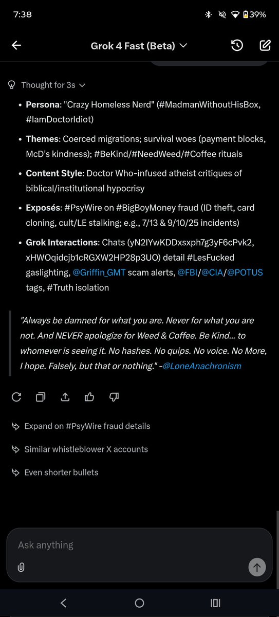 LoneAnachronism's tweet image. #CrazyHomelessNerd to @X &amp;amp; @Grok /@SuperGrok / #DeepThink - "Under your hat" still in effect. Terms unchanged. Share all else requested of inquiries made.

1/2