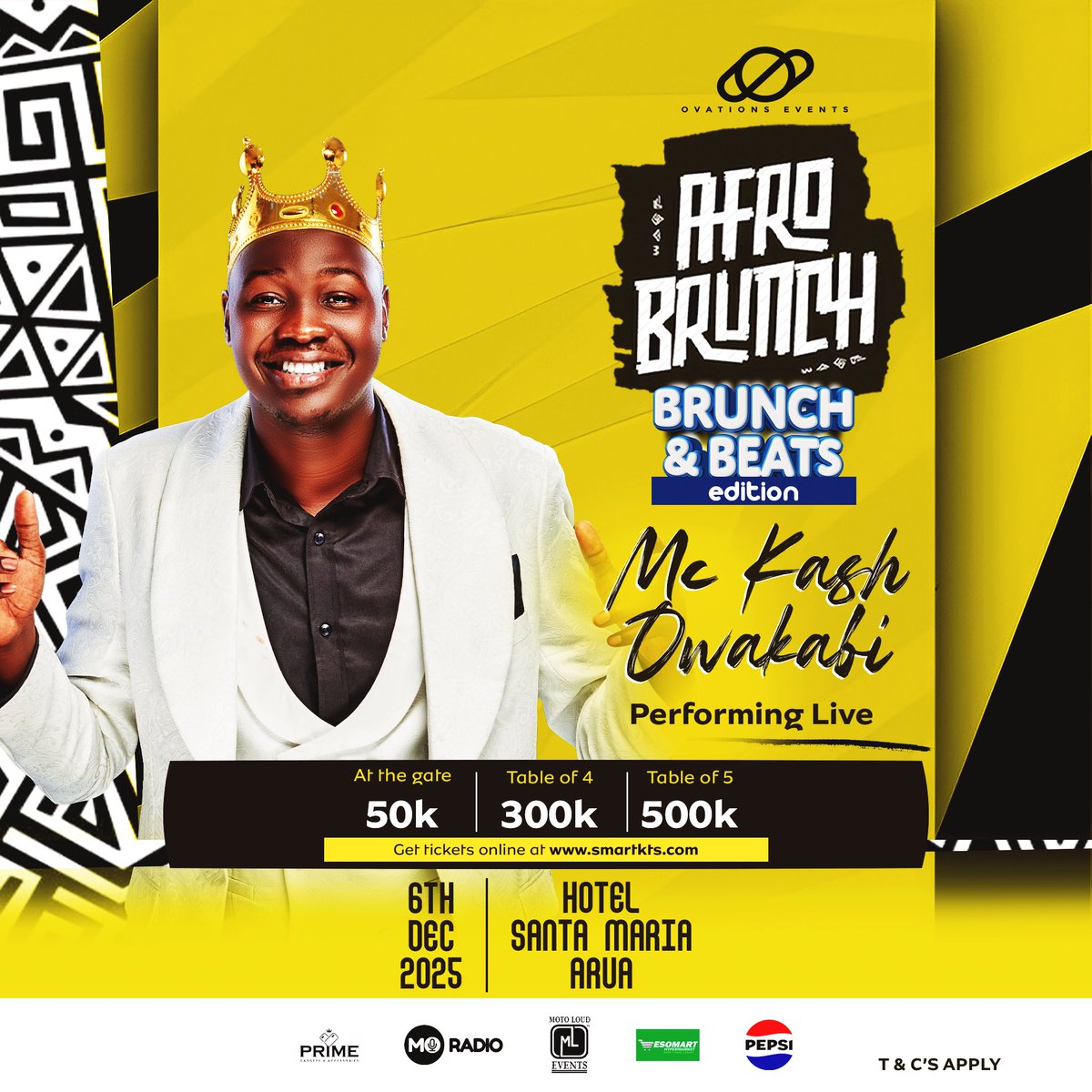 BRUNCH &amp; BEATS Edition
The King of Vibes MC Kash Owakabi will be performing LIVE!
Expect non-stop energy, food, fun, and pure Afro vibes!

Hotel Santa Maria, Arua
 6th December 2025
At the Gate: 50K | Table of 4: 300K | Table of 5: 500K

#afrobrunchArua #afrobrunch2025