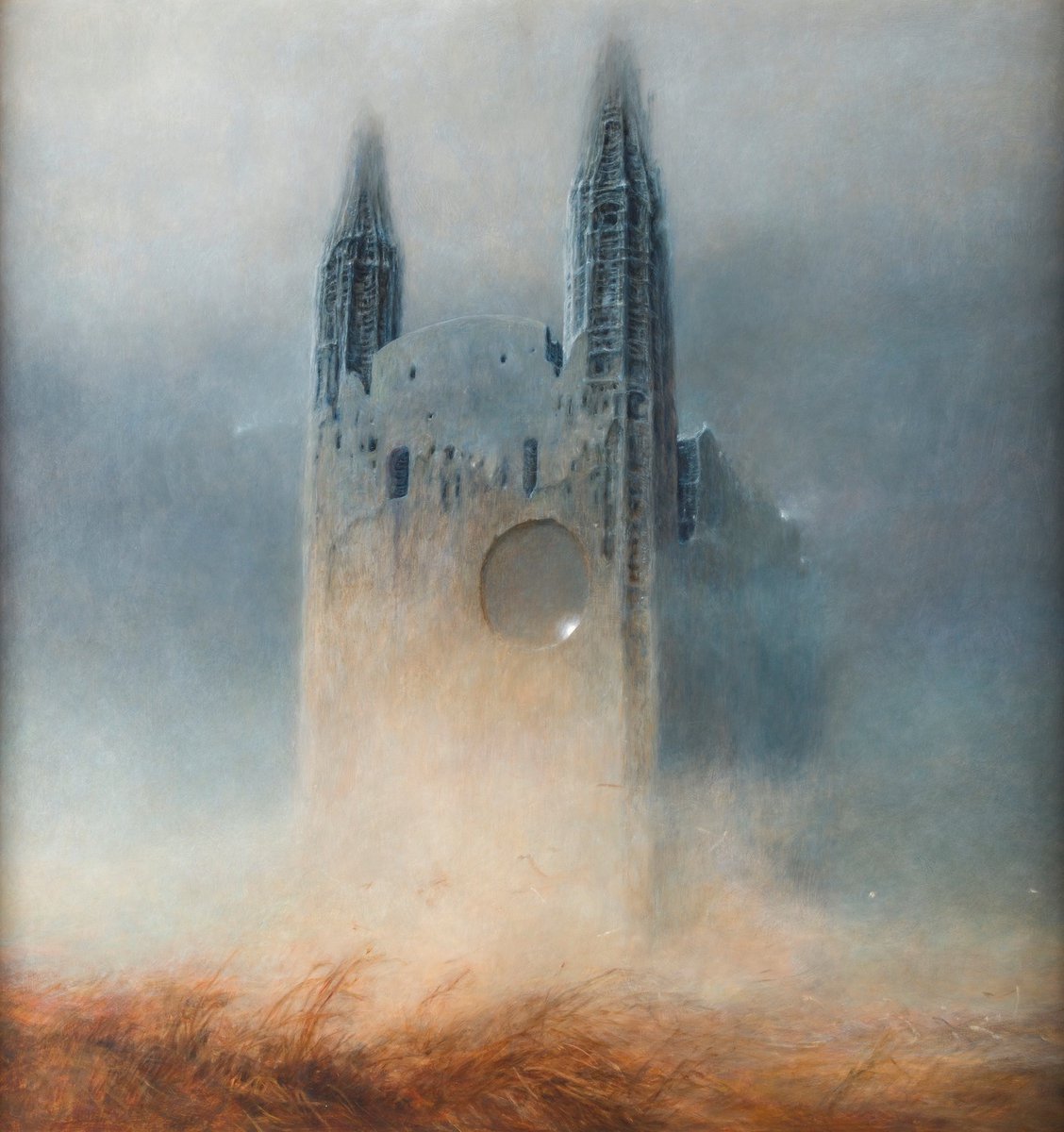 Wyłaniająca się z mgły katedra była bez wątpienia jednym z ulubionych malarskich motywów Zdzisława Beksińskiego. Wiele dzieł z lat 80. XX wieku przedstawia różne wersje monumentalnych, często rozpadających się budowli, dziś tak uwielbianych zarówno przez kolekcjonerów, jak i