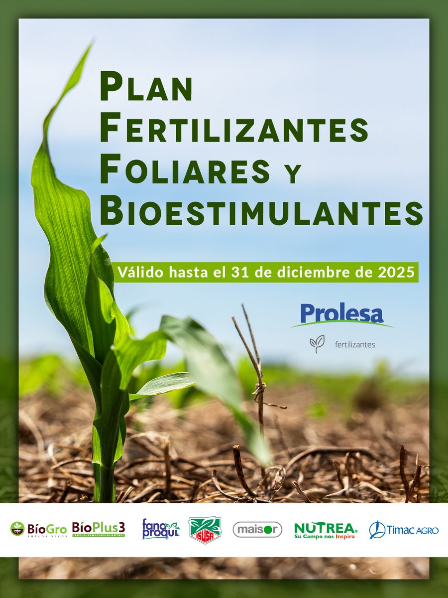 ¡Nuevo Plan de Fertilizantes Foliares y Bioestimulantes!
Prolesa ofrece descuentos de hasta el 25% en productos seleccionados que mejoran la eficiencia de sus cultivos.
Disponible hasta el 31 de diciembre de 2025.
Más info en 👉 prolesa.com.uy