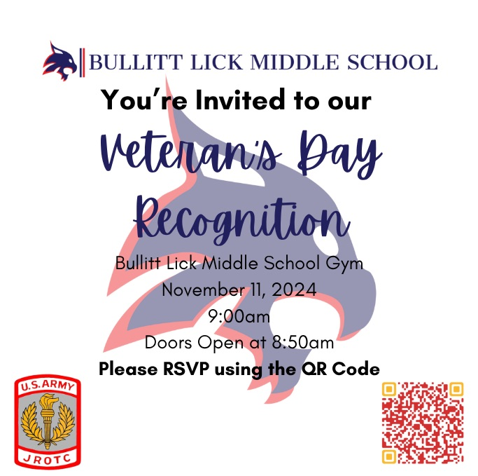 To families: BLMS will host the community’s annual Veteran's Day Ceremony on 11 November at 9 am in the gym. Please scan the QR code to RSVP. 

If you would like to honor a veteran, complete the form below: forms.gle/Vr5vthXE9GMxF8…