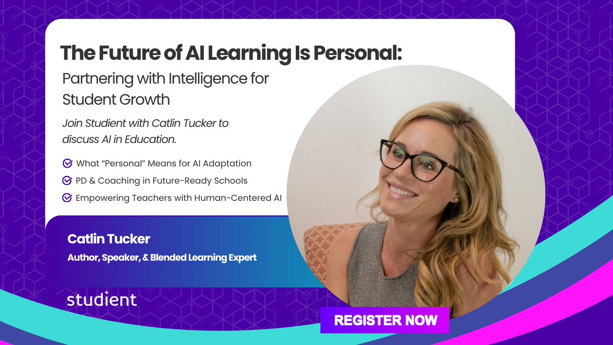StudientAI's tweet image. Don&apos;t miss your chance to join @Catlin_Tucker TODAY at 2 PM ET to explore human-centered AI - help teachers reclaim time, amplify impact, &amp;amp; keep relationships at the core. 
The future of learning is personal. 💡
👉na2.hubs.ly/H01QJXd0
#HumanCenteredAI #PersonalizedLearning