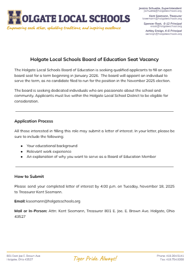Holgate Local Schools Board of Education Seat Vacancy psqr.io/3NkltM9lwQ via <a href="/ParentSquare/">ParentSquare</a>