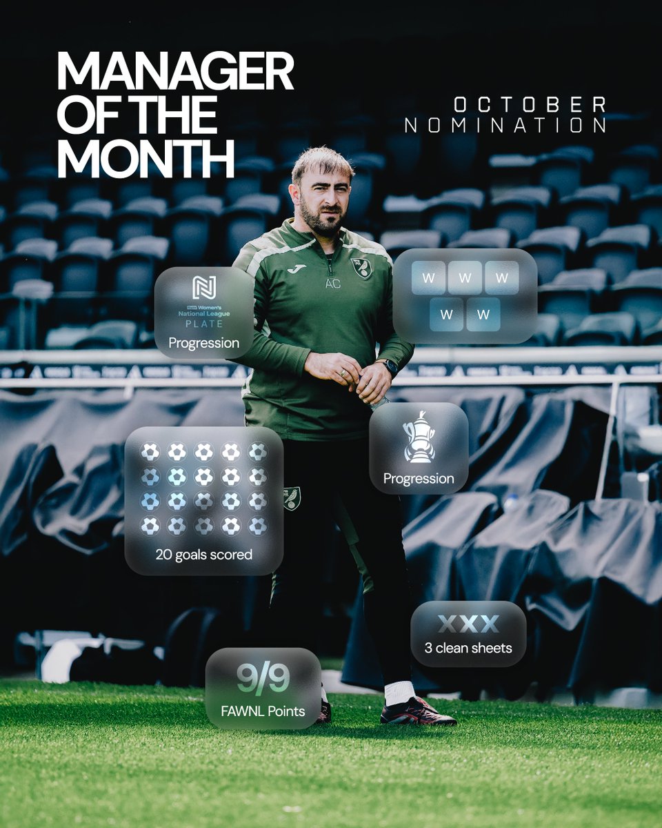 𝐎𝐂𝐓𝐎𝐁𝐄𝐑 Division One <a href="/FAWNL/">FA Women's National League</a> Manager of the Month nominee 👏

Congratulations, <a href="/Andyecook/">Andy Cook</a>! 💛

Voting opens at 3pm ⏳