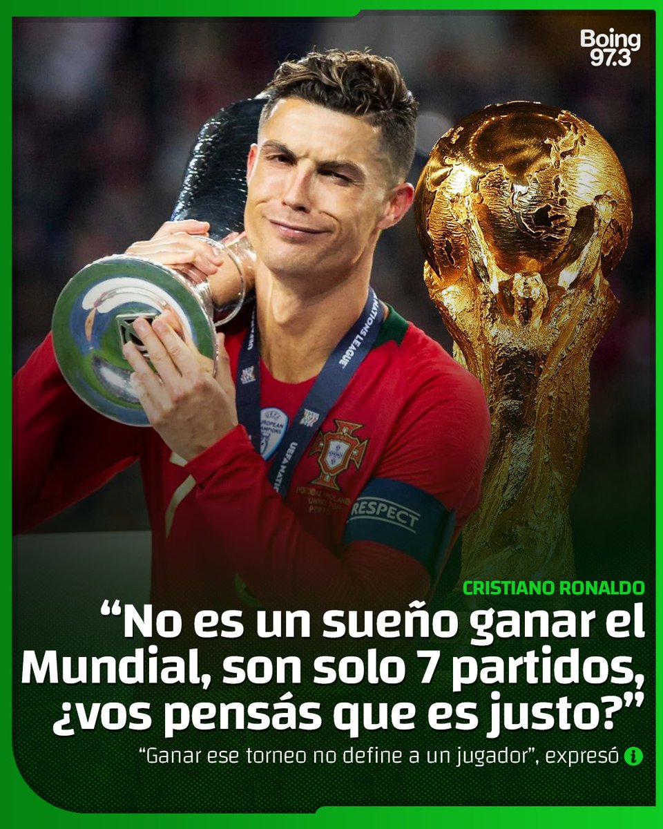 🏆❌ Cristiano Ronaldo reveló que ganar la Copa del Mundo "ya no es un sueño" para él.

🗣️  "Ganar un torneo no demuestra que seas uno de los mejores jugadores de la historia. Son solo 6 o 7 partidos, ¿crees que es justo?", expresó el portugués en diálogo con Piers Morgan.

⚽