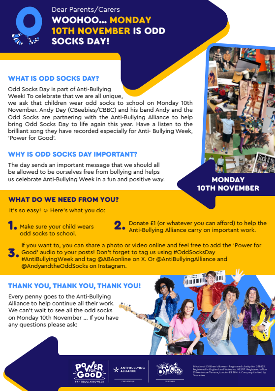 <a href="/GrangeHarrow/">Grange Primary Harrow #Anti-racism #inclusion</a>  Celebrate Odd Sock Day! 🧦
MONDAY 10th NOVEMBER
Odd Socks Day is part of Anti-Bullying Week! 
Make sure your child wears odd socks to school.
Donate £1 (or whatever you can afford) 
You can share a photo or video online

#OddSocksDay #AntiBullyingWeek <a href="/ABAonline/">Anti-Bullying Alliance #AntiBullyingWeek</a>