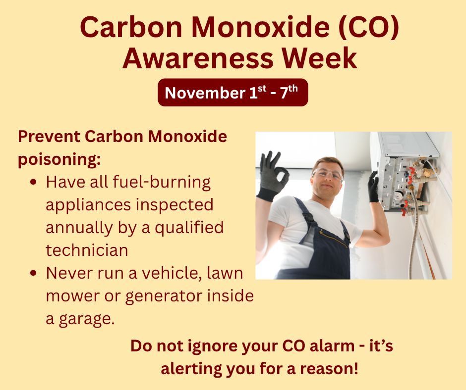 ramarafire's tweet image. Prevent Carbon Monoxide poisoning  in your home.

✅ Have all fuel-burning appliances inspected annual by a qualified technician
❌ Never run a vehicle, lawn mower or generator inside a garage. 

Do not ignore your CO alarms - it's alerting you for a reason!