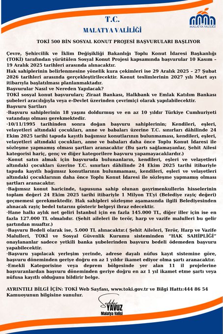 Official document header with T.C. Malatya Valiligi logo and title 500 Bin Sosyal Konut Projesi Muracaatı Hakkında Duyuru detailing TOKI social housing project plans for Malatya Yesilyurt district Battalgazi neighborhood including 10 application areas for 2173 units in 2024 and 27 areas for 3729 units in 2025 listing eligibility criteria such as Turkish citizenship no prior property ownership no previous TOKI purchase income limits of 14000 TL monthly for city centers and 12500 TL for outskirts with exemptions for disabled applicants application period from September 26 to October 18 2024 via Ziraat Bank Halkbank branches or Vakifbank ATMs with 2000 TL fee and reference to www.toki.gov.tr website at the bottom with signature and date.