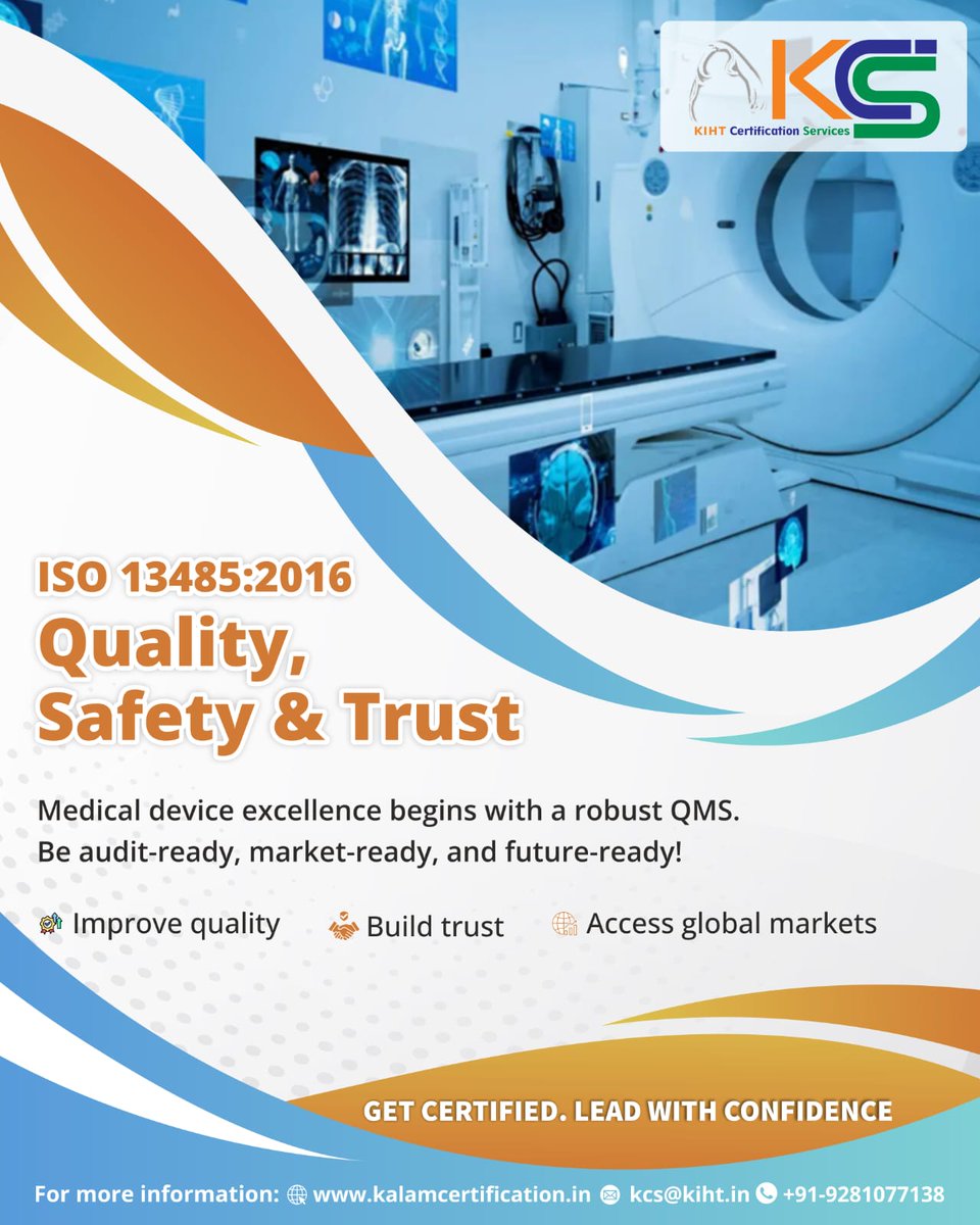 GetKCS's tweet image. Take your medical devices to the next level with ISO 13485:2016 certification! Ensure Quality, Safety &amp;amp; Trust with a robust Quality Management System. Be audit-ready, market-ready &amp;amp; future-ready! Get certified with @GetKCS &amp;amp; lead with confidence! Contact: kcs@kiht.in
#ISO13485…