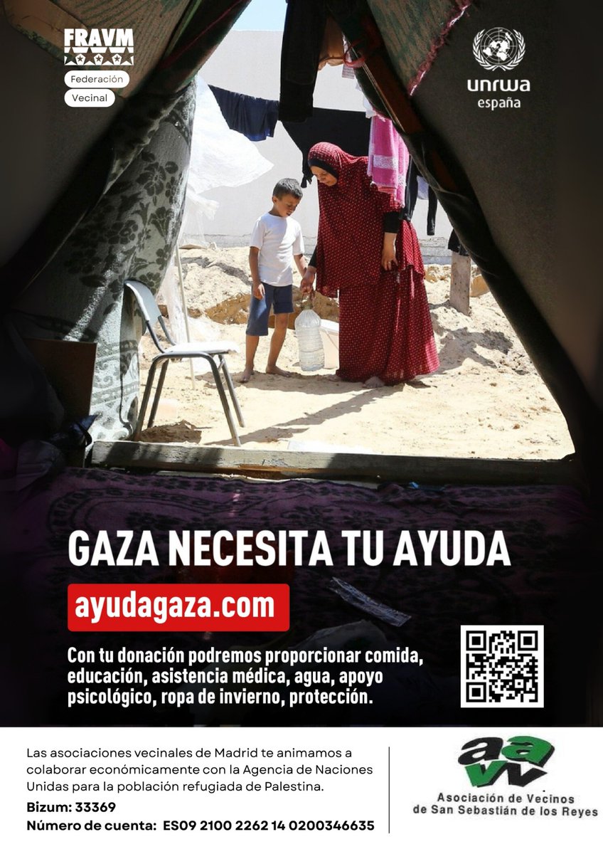 Ayer, iniciamos conjuntamente con la <a href="/FRAVM/">Federación Vecinal de Madrid</a>  y la <a href="/UNRWAes/">UNRWA.es</a>  una Campaña de Solidaridad con #Gaza participa y haz llegar tu apoyo económico a los que urgentemente lo necesitan <a href="/avvsanse/">Asoc. Vecinos Sanse</a>