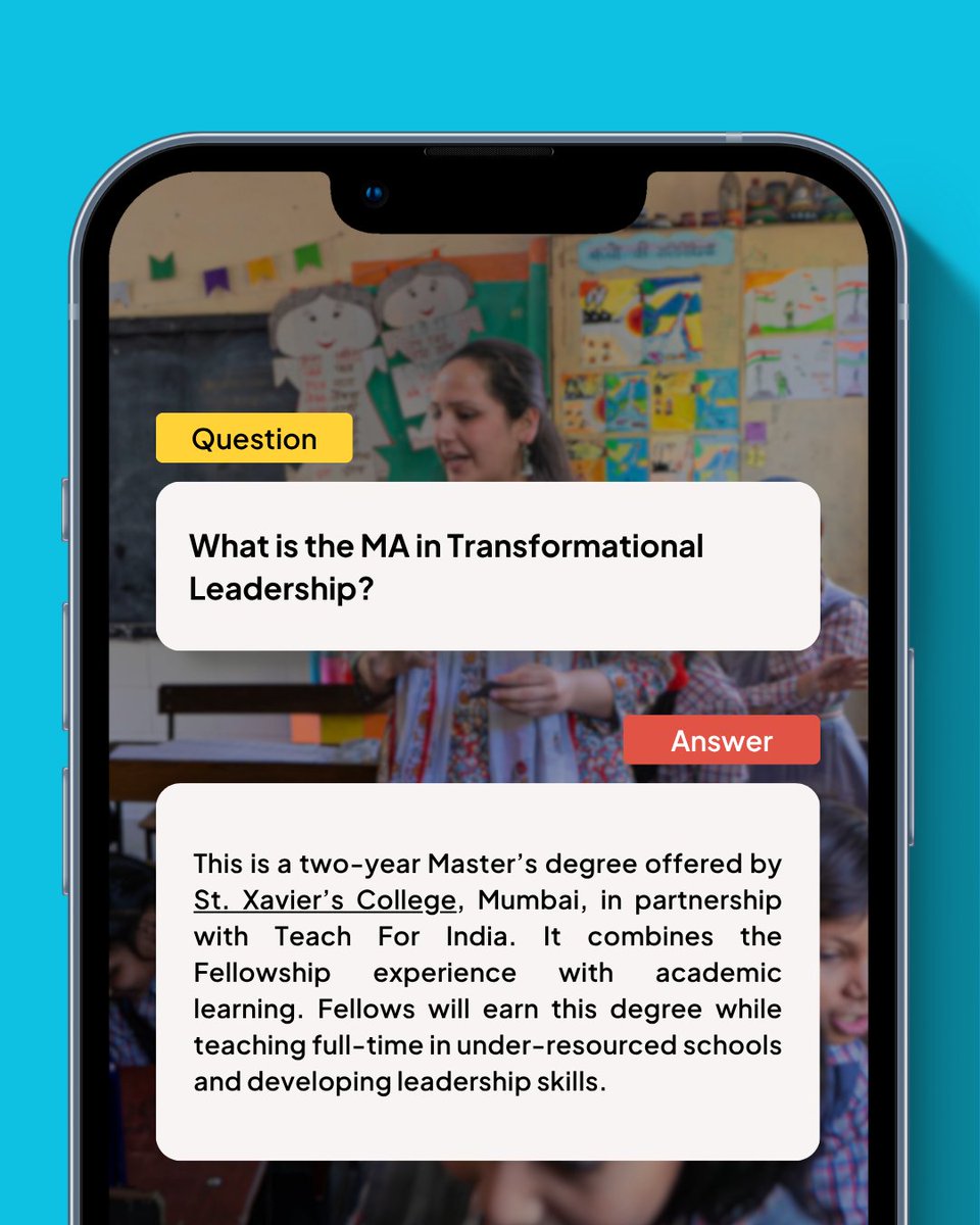 TeachForIndia's tweet image. A while ago, we shared the partnership with St. Xavier’s College, Mumbai, to introduce the Master’s in Transformational Leadership.
💬 Explore the #FAQs to learn more about the program.
#Degree #Fellowship