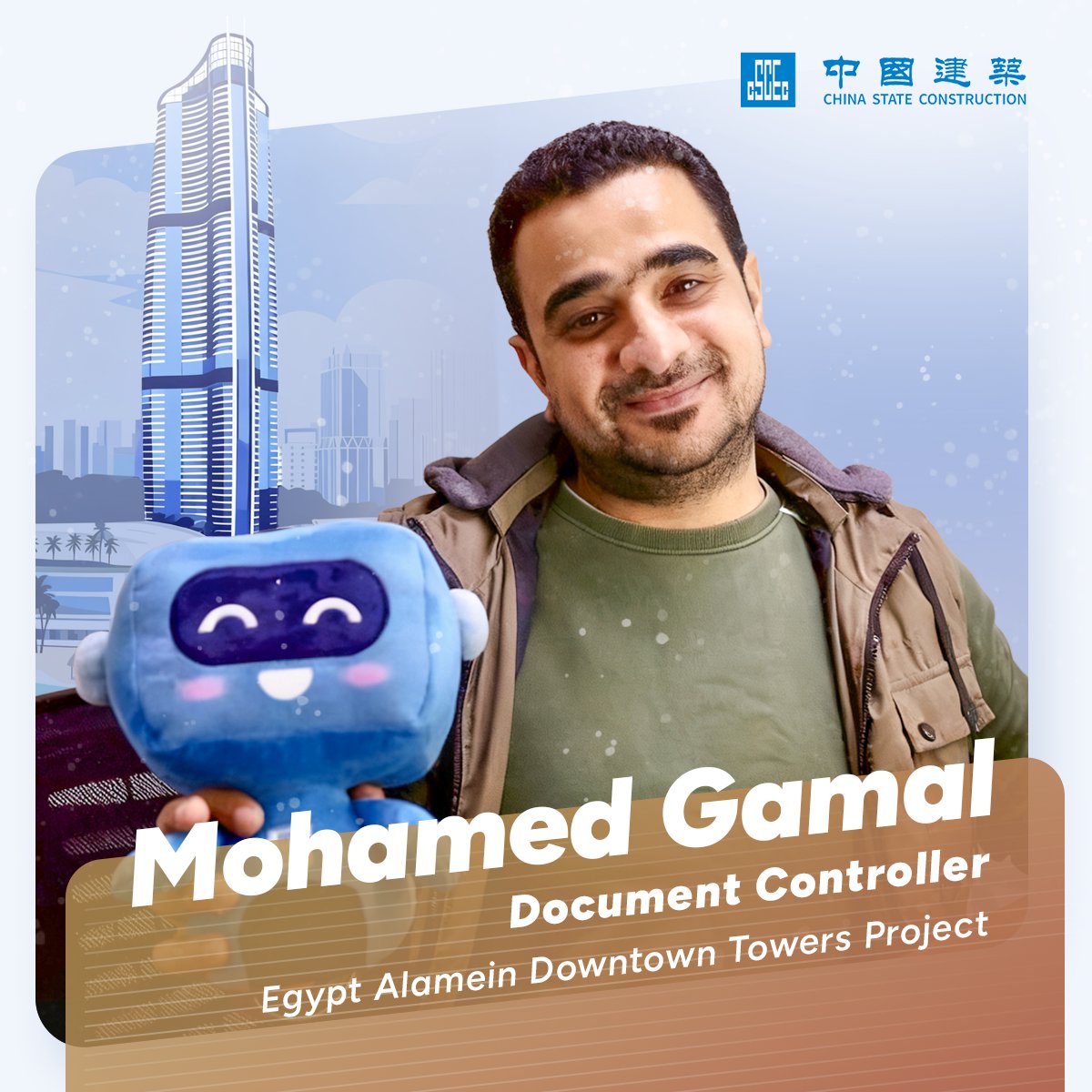 CSCEC_EGYPT's tweet image. Employee Mohamed Gamal is the Document Controller at the Alamein Downtown Towers Project. 

At the beginning of his work with the project team, he faced several challenges due to the different work system. Through cooperation with his colleagues and his persistence in reviewing…