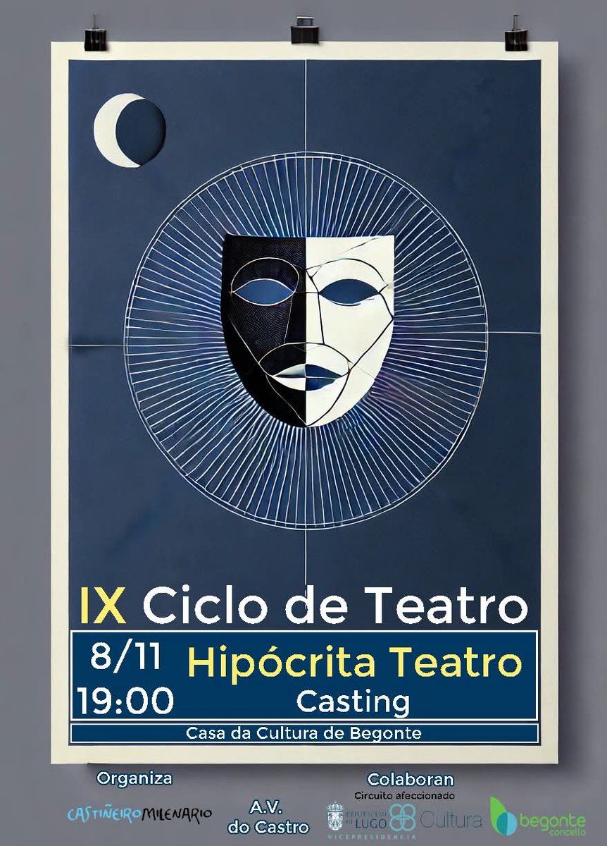 Recordatorio
Este sábado oito de novembro, ás 19 horas na Casa da Cultura de #Begonte temos a representación da obra "Casting" a cargo da compañía #HipócritaTeatro dentro do Ciclo de #teatro afeccionado da Deputación de Lugo.