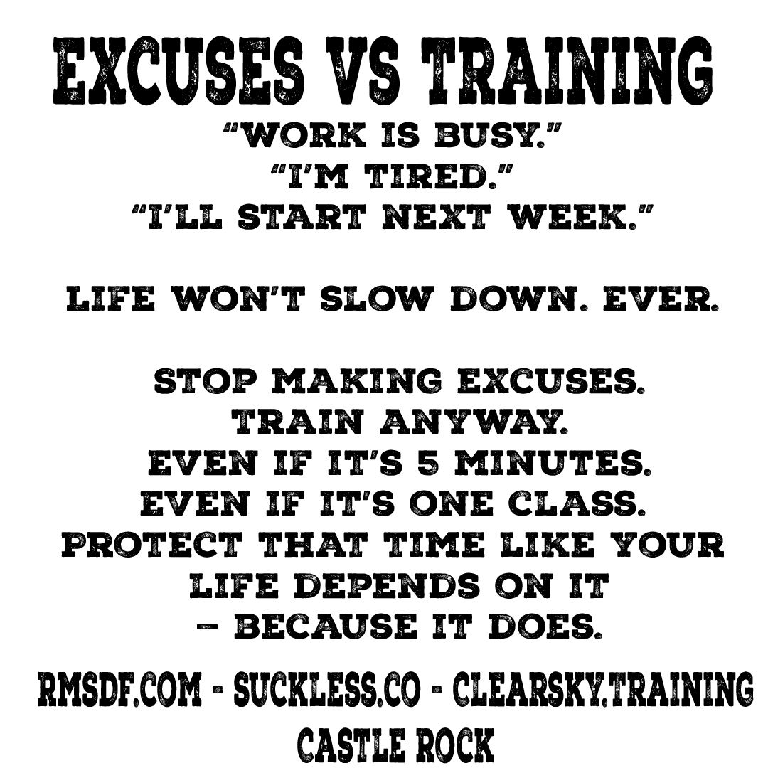 RMSDF_Co's tweet image. Excuses vs Training
🚫 “Work is busy.”
🚫 “I’m tired.”
🚫 “I’ll start next week.”
Life won’t slow down. Ever.
👉 Stop making excuses. Train anyway. Even if it’s 5 minutes. Even if it’s one class. Protect that time like your life depends on it — because it does.
#SuckLess…