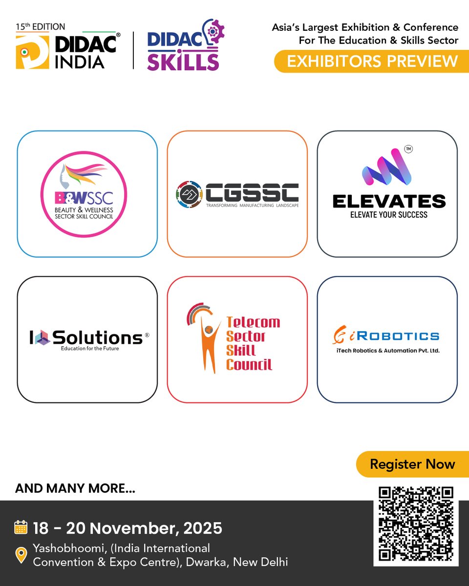 Welcome to DIDAC INDIA 2025 and DIDAC SKILLS ! We’re thrilled to have you as esteemed exhibitors.

Your participation is crucial for us and together, we will shape the future of learning.

18–20 November 2025
Yashobhoomi (IICC), Dwarka, New Delhi

didacindia.com