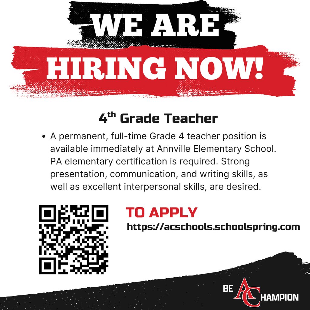 Consider joining our dedicated team at Annville-Cleona! Please see the attached flyer on how to apply today!