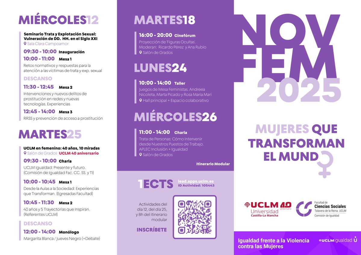 🎓 Versión institucional:
✨ #NoviembreFeminista2025 ✨
Charlas, talleres y debates sobre igualdad y derechos 🌍
Inscríbete gratis y consigue 1 ECTS asistiendo el 12 y 25 de noviembre 💜
👉 lead.apps.uclm.es/actividades/10…
#IgualdadUCLM #MujeresQueTransforman
<a href="/Igualdad_UCLM/">Delegada del Rector para Políticas de Igualdad</a> <a href="/uclm_es/">Universidad de Castilla-La Mancha</a>