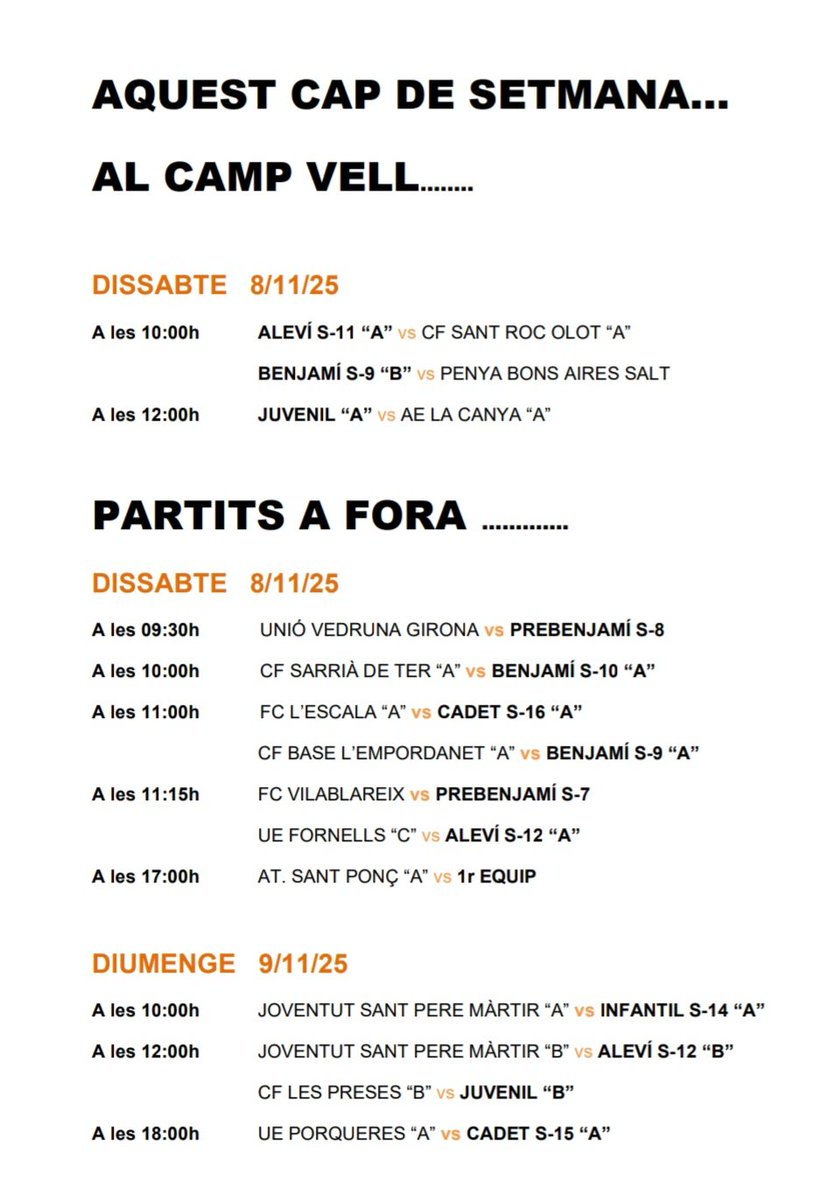 AGENDA CAP DE SETMANA.  El Primer Equip de l'<a href="/atletic_club/">Atlètic Club Banyoles</a> visita el #SantPonç en el partit de la jornada pel tercer lloc. També destaca el retorn a la competició dels Juvenils i el derbi de cadets S15 amb la <a href="/UEPorqueres_/">UNIÓ ESPORTIVA PORQUERES🎗</a> A seguir guanyant, xavals!! #AmuntCollons #SomTaronges