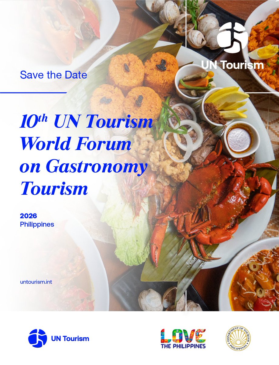 UNWTO's tweet image. UN Tourism is pleased to announce that the Philippines will host the 2026 UN Tourism World Forum on Gastronomy Tourism, celebrating a decade of fostering innovation, sustainability &amp;amp; destination development through gastronomy.
✨ Stay tuned for more details on dates &amp;amp; location!
