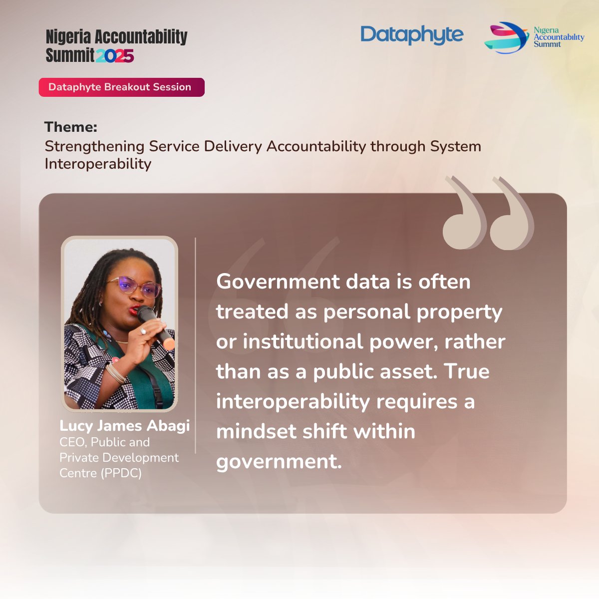 Dataphytefdn's tweet image. Highlights from our breakout session at #NASSummit2025 on Strengthening Service Delivery Accountability through System Interoperability.

Our panelists shared actionable ideas on how linked data systems can transform governance &amp;amp; service delivery.

Here are some of the key quotes