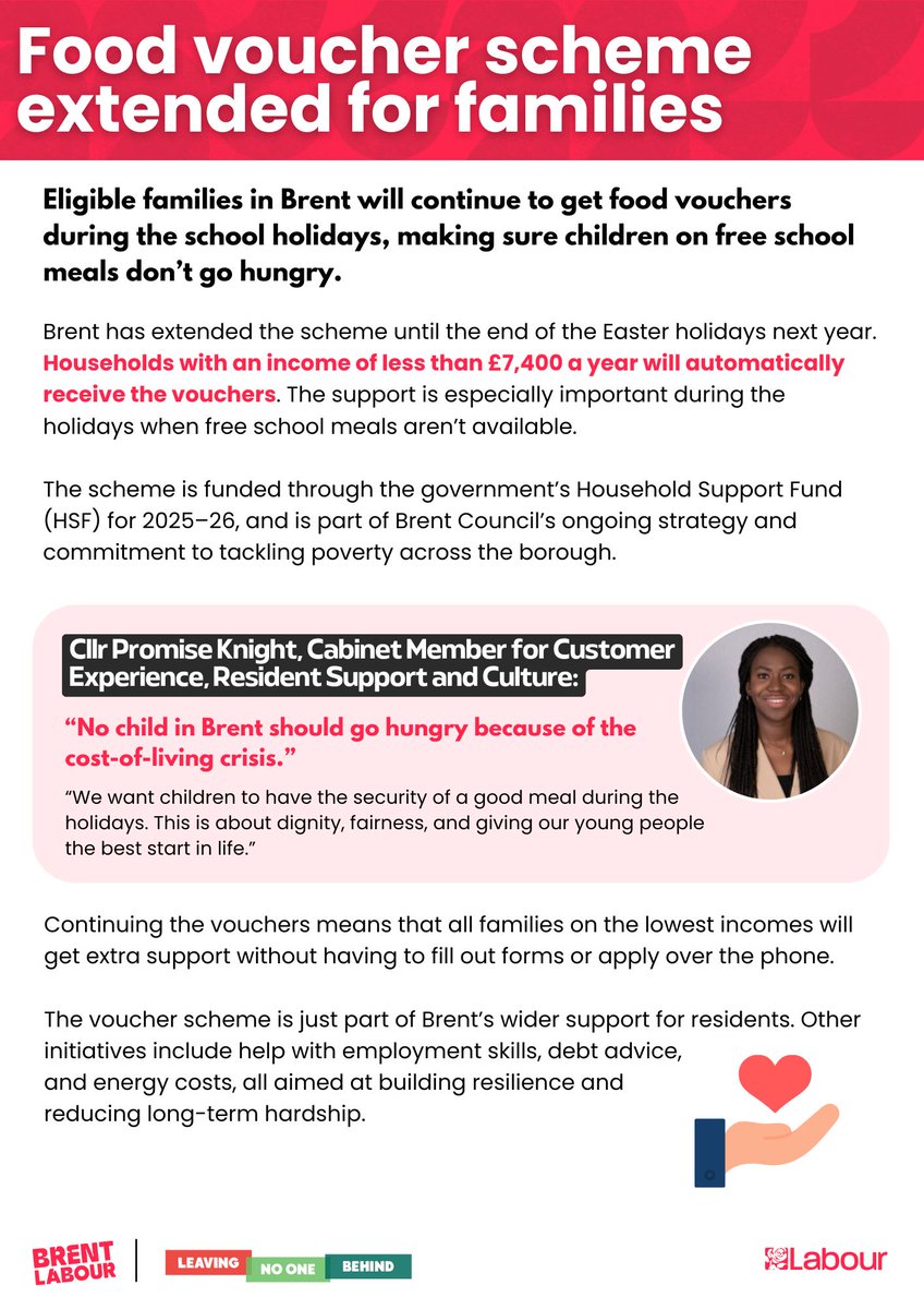 No child in Brent should go hungry because of the cost-of-living crisis.

That's why your Brent Labour council has extended our food voucher scheme, meaning low-income families receive the support they need.

Labour will always work hard to tackle poverty in Brent. 🌹