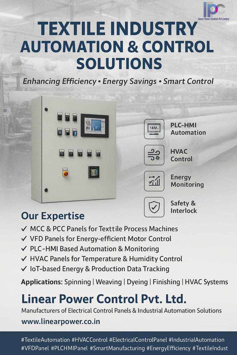 LPC_Automation's tweet image. 💥From spinning to finishing — streamline every stage with advanced Electrical Control Panels and Industrial Automation Solutions.

⚡️Our smart PLC–HMI, VFD, and HVAC systems ensure precision, energy savings, and reliability for modern textile plants.