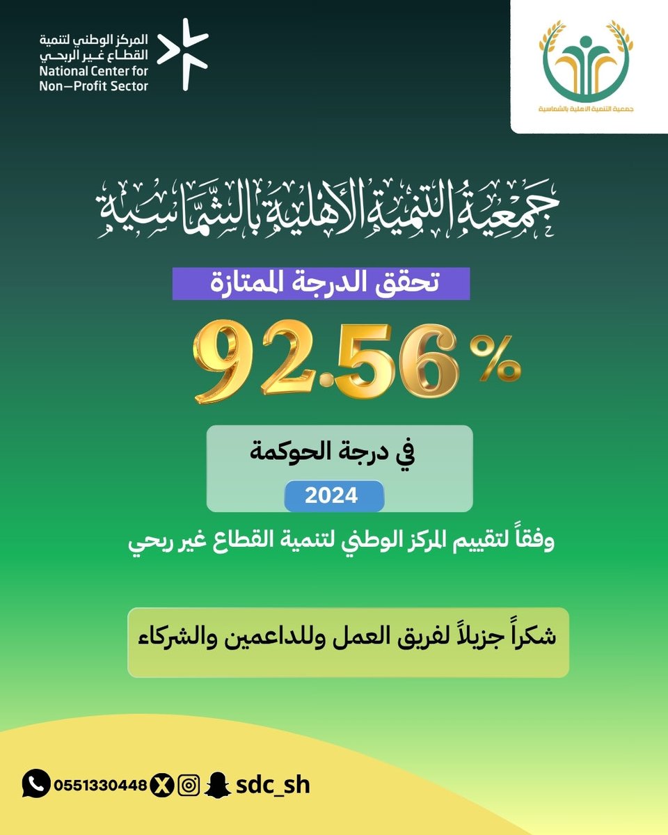 بفضل الله وتوفيقه ثم بدعم شركاء النجاح حققت  #تنمية_الشماسية درجة ممتازة في تطبيق معايير الحوكمة من المركز الوطني لتنمية القطاع غير الربحي للعام ٢٠٢٤ م .

نقدر جهود الجميع ونتطلع دومًا لمزيد من التميز والعطاء .

#القصيم
#الشماسية
#القطاع_غير_الربحي