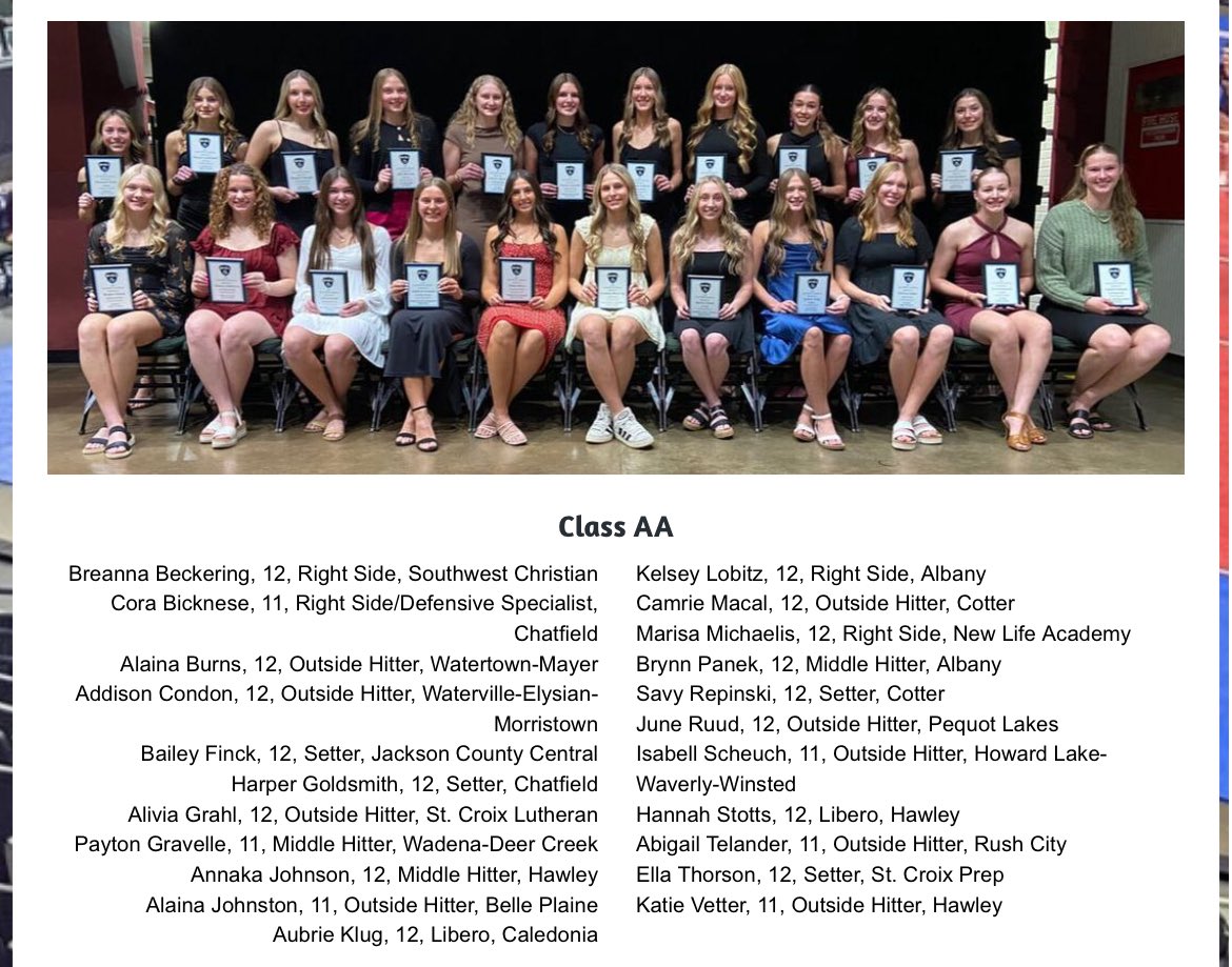 Quite the accomplishment!  1 of 12 Liberos in MN to be named All-State.  Way to go Aubrie :)🏐💛🖤