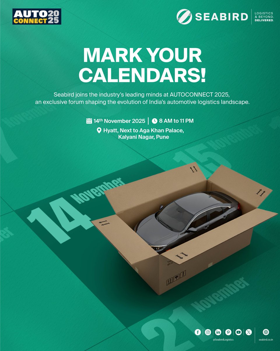 seabirdlogistic's tweet image. We’re heading to Autoconnect 2025! 🚛

Join Seabird at Hyatt, Kalyani Nagar, Pune on 14th Nov | 8 AM – 11 PM
Let’s talk logistics, technology and the road ahead.

#Seabird #Autoconnect2025 #LogisticsSimplified #SupplyChainSolutions