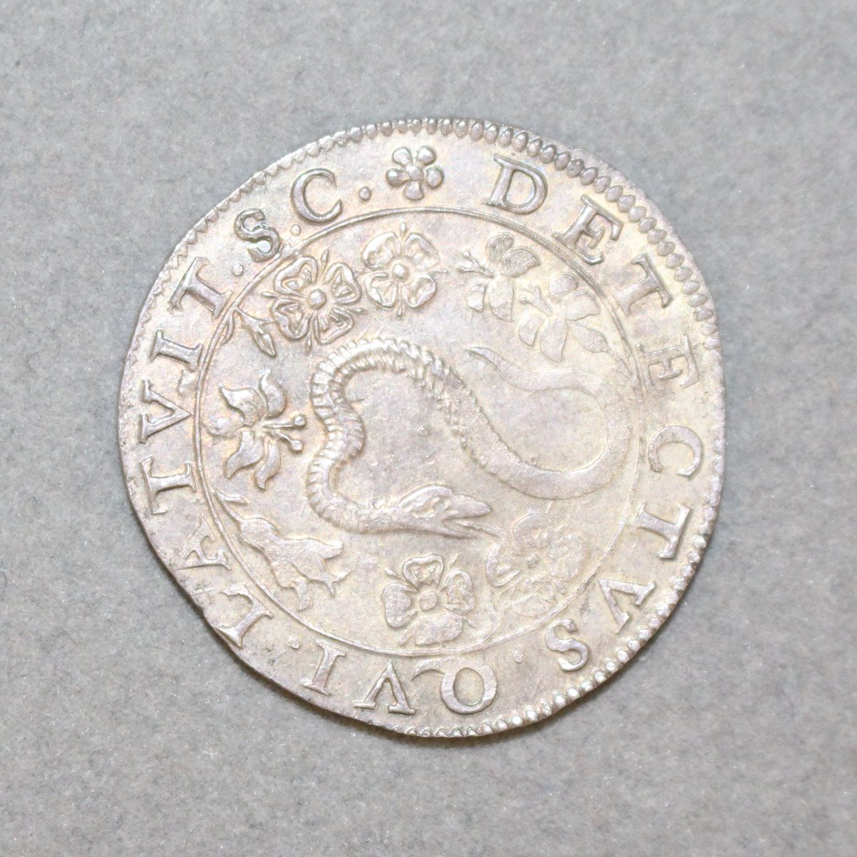 This medal was minted to celebrate the discovery of the Gunpowder Plot on 5 November 1605, 420 years ago to this day. It depicts a snake hiding amongst flowers, surrounded by a Latin inscription that translates to: 'He who concealed himself is detected'. From the Hunterian.