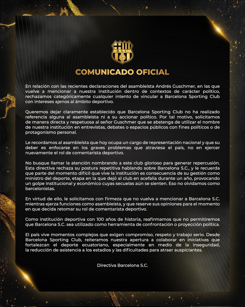 MauricioOrtegaE's tweet image. CONTRAATAQUE CHIMICHURRI. Tras las declaraciones del asambleísta Andrés @aguschmer, Ex Ministro de Deportes, diciendo que el verdadero Presidente de Barcelona SC es Aquiles Álvarez, Alcalde de Guayaquil y no su hermano Antonio Álvarez, #BarcelonaSC saca un comunicado al respecto.