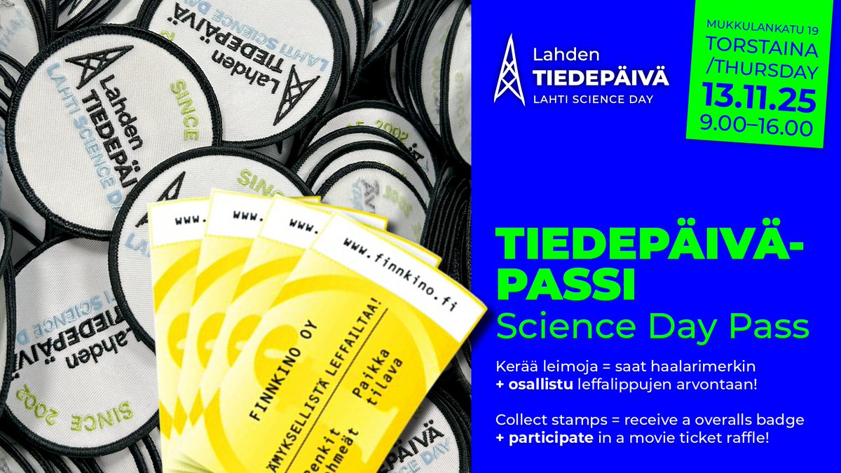 Kerää leimoja – saat haalarimerkin, ollaanhan korkeakoulukampuksella! Osallistu leffalippujen arvontaan! lahdentiedepaiva.fi
Collect stamps and receive a badge.  Participate in a movie ticket raffle too!
#lahtionkorkeakoulukapunki #lahtiisanunivesitycity #Lahdentiedepaiva