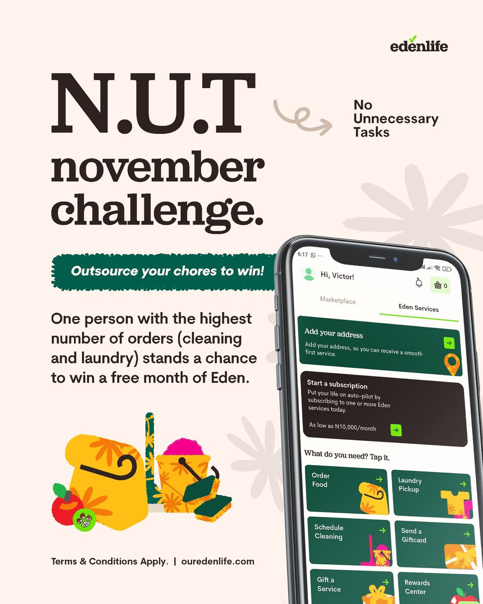 “Involve me”
You that spends your weekends washing clothes and cleaning?

First start with freeing out your weekends by joining our NUT November challenge, so your friends can involve you.

One person gets to win a free month of Eden.
Don’t miss out. Get started here;