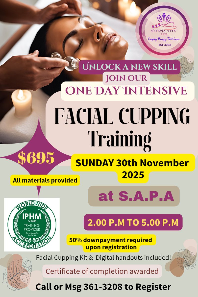 sapattinfo's tweet image. Hijama Life Ltd. presents a One Day Intensive Facial Cupping Training

📆 Sunday 30th November, 2025
🕑 2:00 p.m. - 5:00 p.m.
🎟 $695
📞361-3208