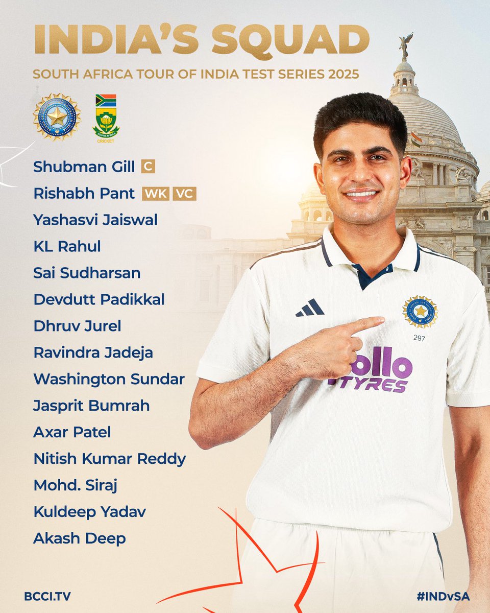 IRajatJain's tweet image. 🇮🇳 Squad Evolution: #INDvsWI → #INDvsSA

- WI Series: Dhruv Jurel (WK), Prasidh Krishna
- SA Series: Rishabh Pant back as VC, Akash Deep in.

Changes reflect Pant’s recovery from England injury. Captain Shubman Gill &amp;amp; core remain. 💪
#TeamIndia #TestCricket