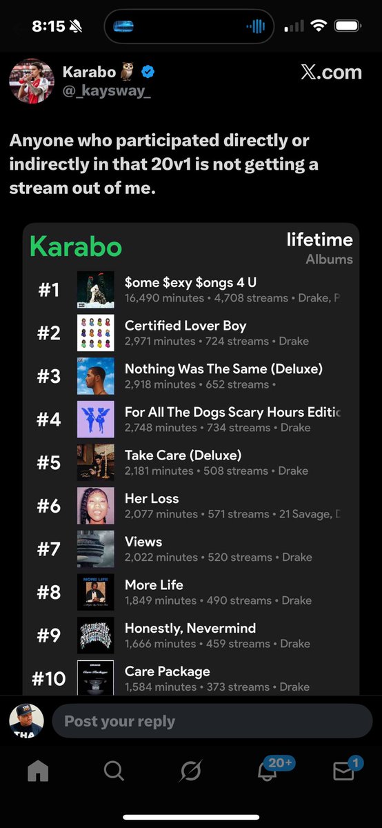 This is why you cannot talk to Drake fans about anything. This is why they are not hip hop. There is not one other artist on this weirdos playlist. Stop trying to break through.