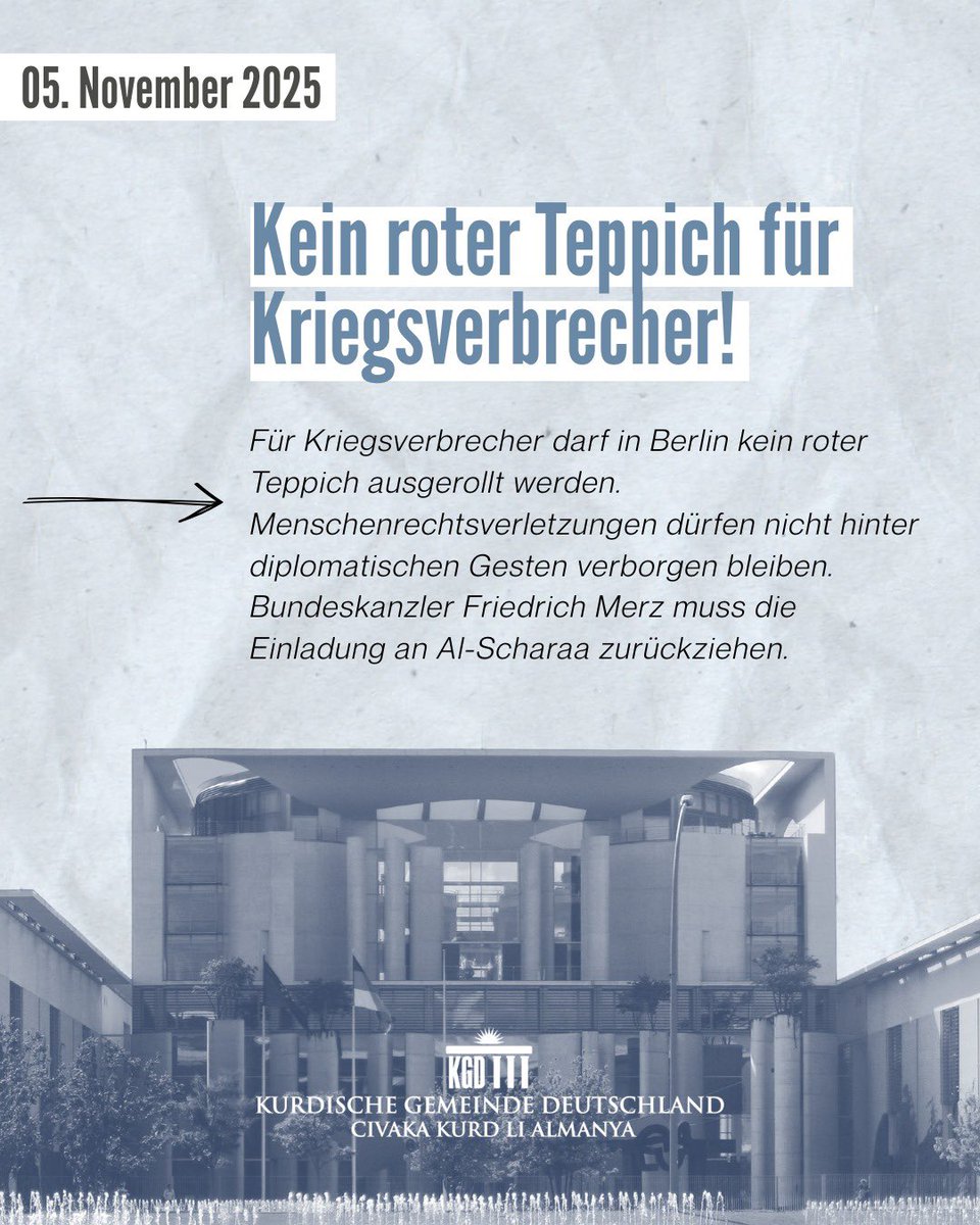 Die Einladung des syrischen Übergangspräsidenten Al-Scharaa nach Berlin ist inakzeptabel und wirft schwerwiegende menschenrechtliche und politische Fragen auf. 

Al-Scharaa ist nachweislich verantwortlich für gezielte Morde, Verschleppungen und die systematische Zerstörung von