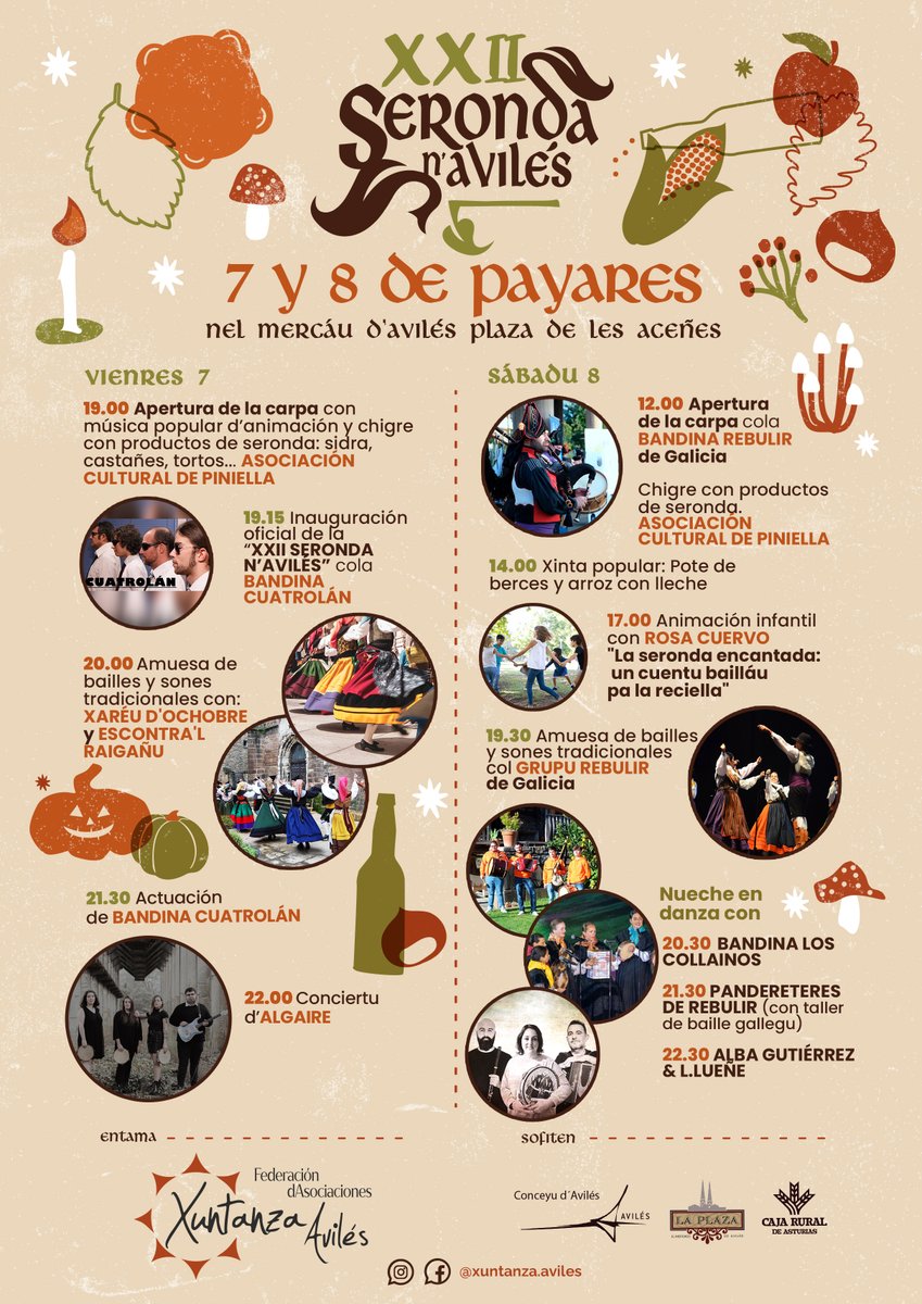 🍂Cultura y gastronomía popular asturiana protagonicen la XXII Seronda n'Avilés

📌 Esti vienres y sábadu na plaza Hermanos Orbón
👉 Carpa con chigre y escenariu, onde tastiar los productos típicos de la seronda y disfrutar de les actuaciones

ℹ️ Más info: aviles.es/w/cultura-y-ga…