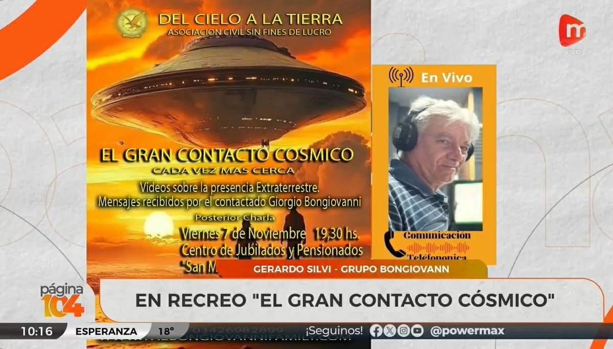 Ahora al aire de 📻 @Pagina.104
🎙Gerardo Silvi - GRUPO BONGIOVANN
EN RECREO "EL GRAN CONTACTO CÓSMICO"👇
📻fmpowermax.com.ar
🤳Seguinos en instagram instagram.com/104_pagina/ Y YA ESTAMOS En You Tube 🥳 youtube.com/@Pagina.104/ab…