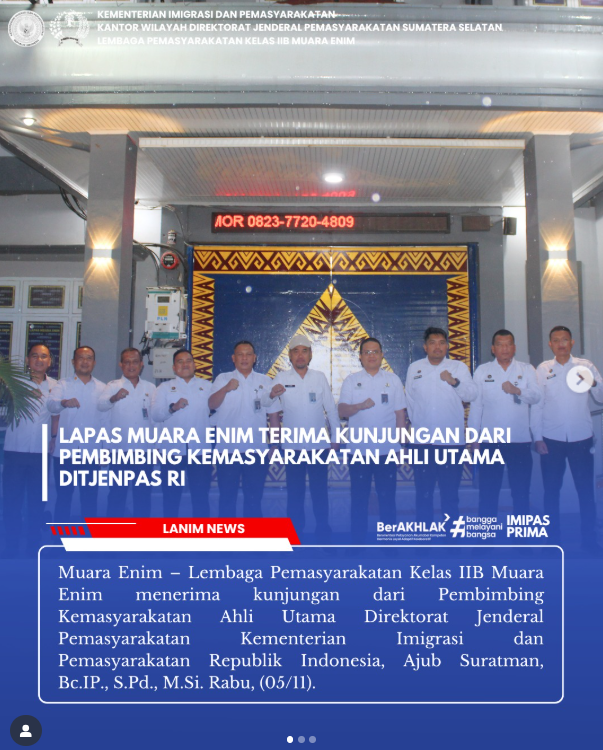 LPMuaraEnim's tweet photo. Lapas Muara Enim Terima Kunjungan dari Pembimbing Kemasyarakatan Ahli Utama Ditjenpas RI https://t.co/LtmMeyXtoJ