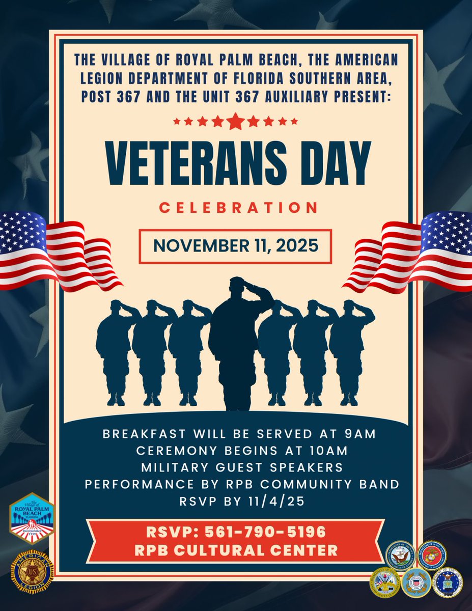 🇺🇸 Veterans Day Celebration 🇺🇸
Join us as we honor the brave men &amp; women who have served our nation.
📅 Nov 11, 2025
📍 RPB Cultural Center
🍳 Breakfast: 9 AM
🎖️ Ceremony: 10 AM

Enjoy a complimentary breakfast, military guest speakers, &amp; a performance by the RPB Community Band.