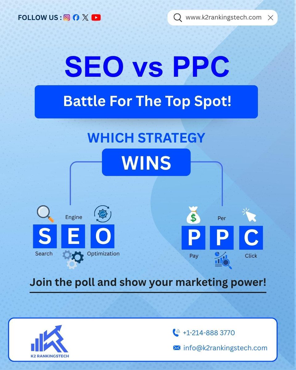 k2rankings's tweet image. Which strategy wins—SEO or PPC? 🚀💡

Join the poll and show your marketing power!
#SEOVsPPC #DigitalMarketing #CastYourVote #MarketingDebate #GrowthHacks #k2rankingstech