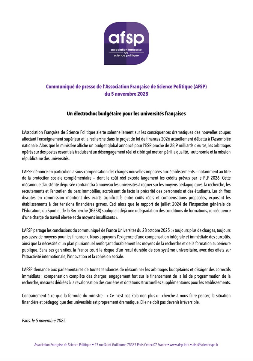 [🔴Communiqué AFSP du 5 novembre 2025] 

Un électrochoc budgétaire pour les universités françaises
afsp.info/communique-5-n…

#Budget2026 #ESR #AN